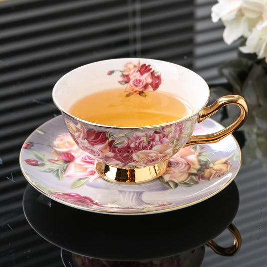 Elegant Rose Floral Bone Porcelain Tea Cup and Saucer Set with Golden Accents - Hand Wash Only, Lead-Free, Insulated, Round Shape, Break Resistant, Multipurpose Use - Includes Matching Spoon, Vintage Luxury European Style - 200ml/7.03fl oz Capacity