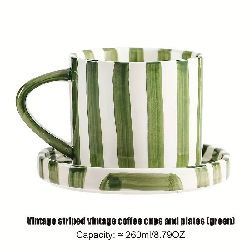 2pcs/Set Retro Striped Ceramic Coffee Cup and Tea Saucer, 1 Cup 1 Saucer, Capacity: ≈8.79oz, Striped Water Cup Tea Cup Set, Suitable for Breakfast, Tea Party, Afternoon Tea, Summer and Winter Drinking Utensils, Home Kitchen Supplies