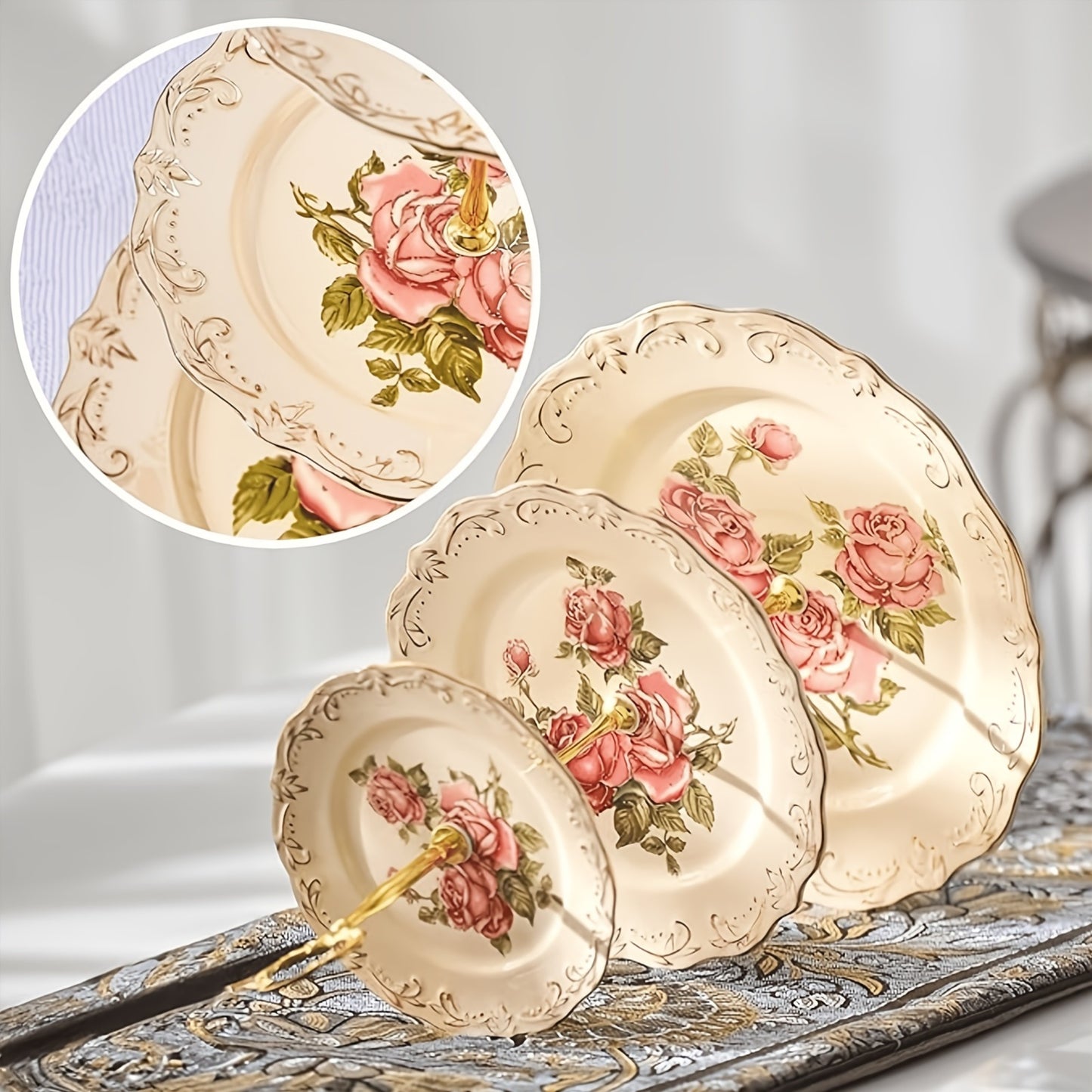 1pc European Vintage Ceramic Cake Stand - Rose Patterned Tiered Dessert Display for Afternoon Tea, Weddings, Holidays - Food-Safe, No Electricity Needed, Ideal for Christmas, Valentine's, Graduation, Juneteenth, 4th of July