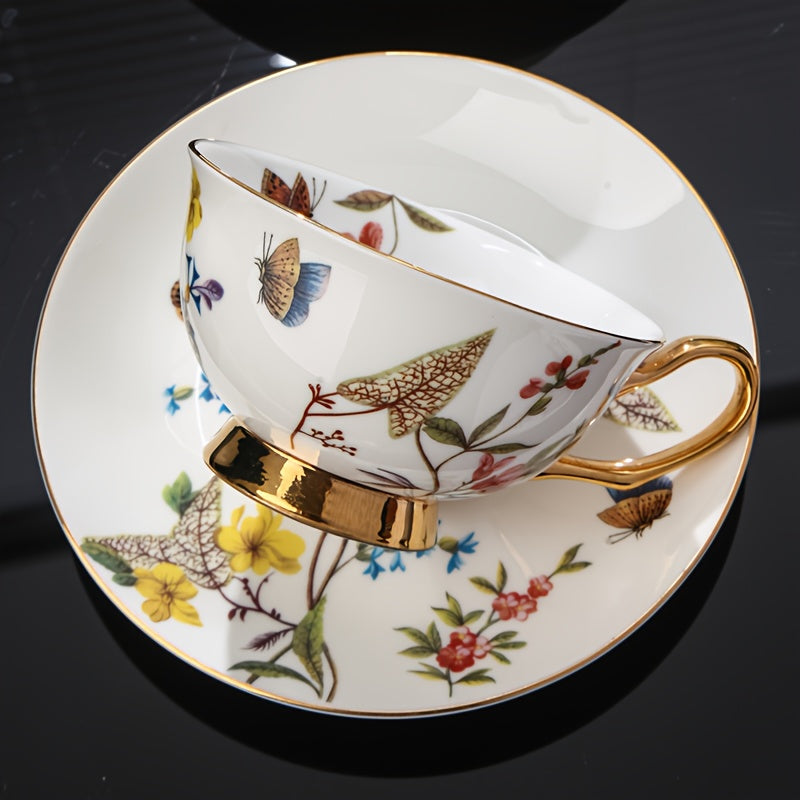 Luxury European Golden Rimmed Bone Porcelain Cup & Saucer Set with Spoon, Hand Wash Only, Insulated, Lead-Free, Round Floral and Butterfly Theme for Multipurpose Use, Matching Set for Holidays - Freezer Safe