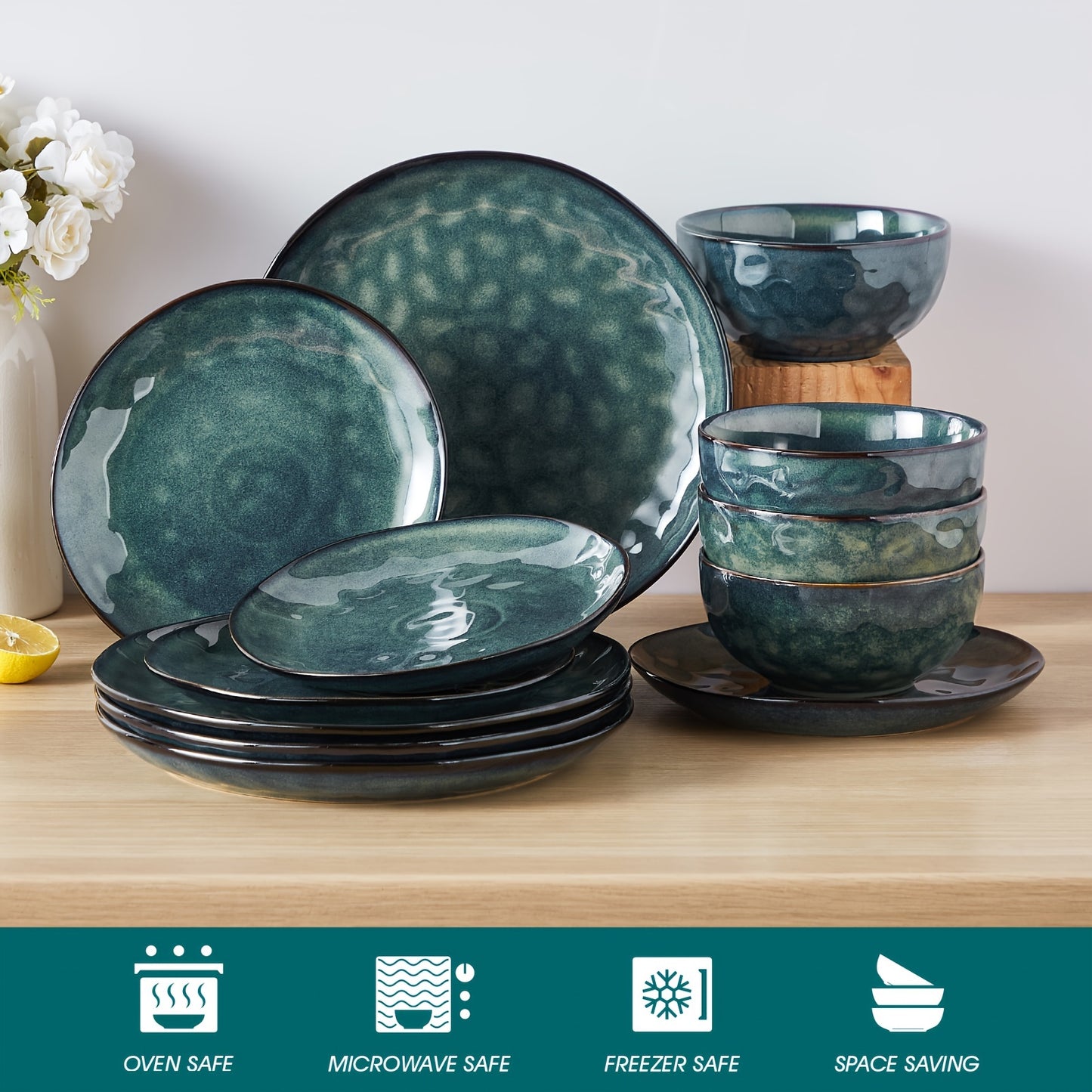 12 Piece Green Stoneware Dinnerware Set, Round Plate Bowl Set for 4, Kiln Change Glaze Service