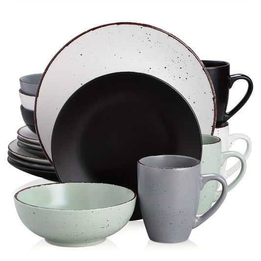 16Pcs Dinnerware Set Matt Stoneware Sesame Glaze Plate Bowl Mug Set Service for 4