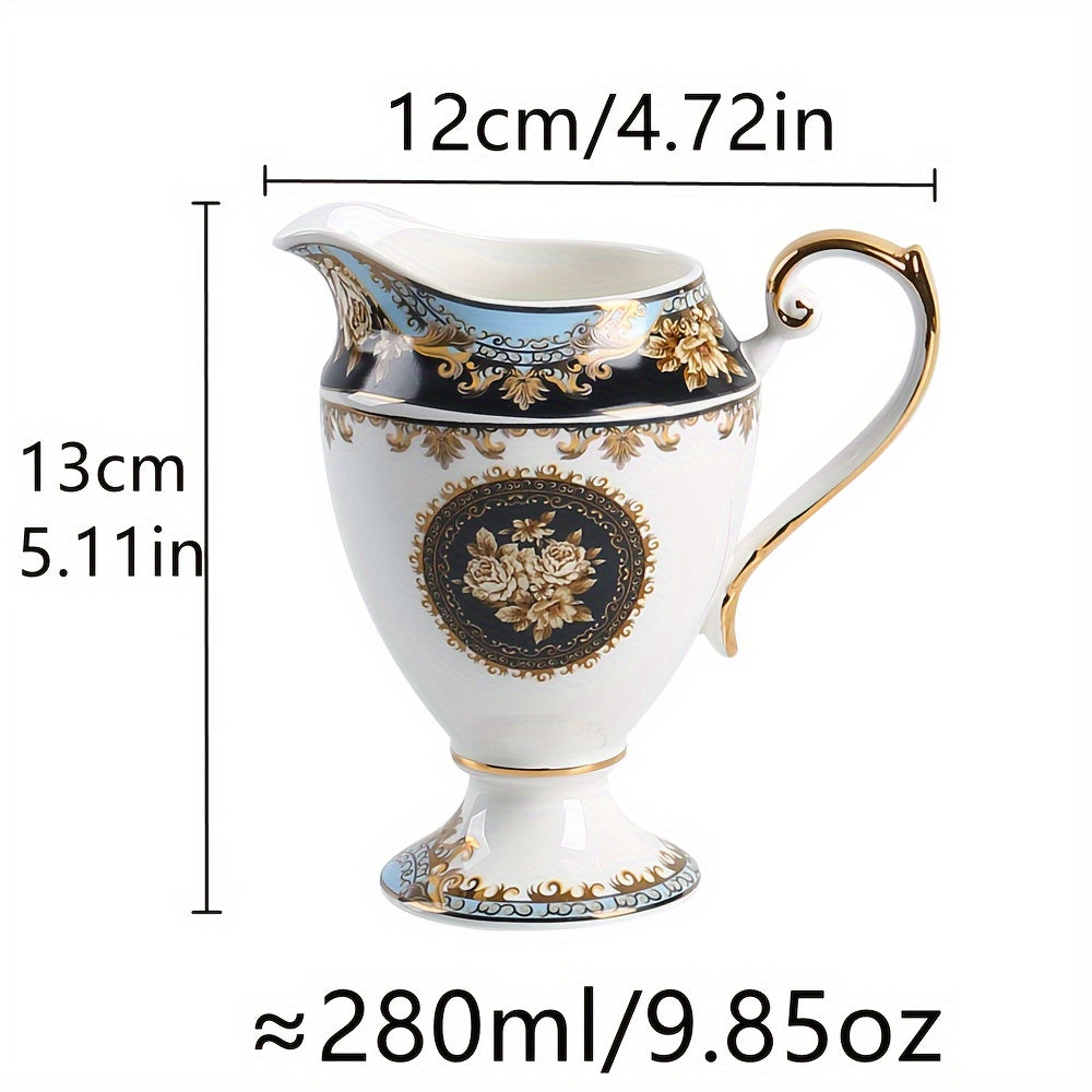 1pc Floral Bone Porcelain Creamer Pitcher, 9.47oz Elegant European Style Milk Jug for Afternoon Tea, Coffee, Home, Hotel, Cafe - Decorative Ceramic Cream Pitcher with Golden Trim