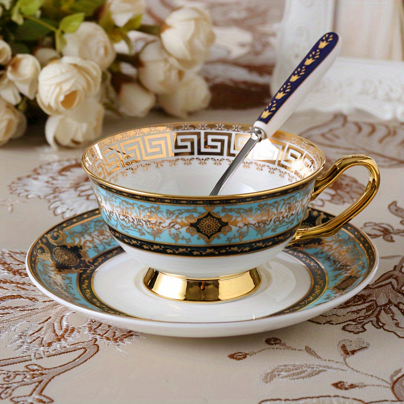 Elegant 2pcs Bone Porcelain Coffee Cup & Saucer Set with Spoon - Golden Rimmed, Lead-Free, Insulated for Afternoon Tea & More - Hand Wash Only