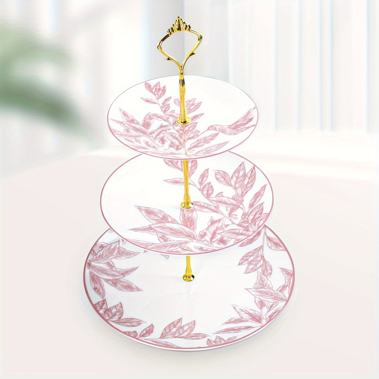 1pc Elegant White Cake Stand with Pink Leaf Design - Hand-Painted Serving Plate for Afternoon Tea, Christmas, Halloween, Easter, Hanukkah, Graduation Celebrations - Food-Safe, No Power Needed