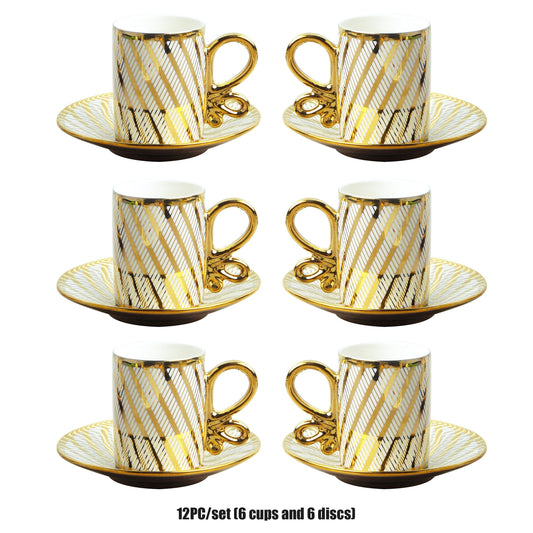 Luxury Golden Striped 12pcs Ceramic Tea & Coffee Set - Includes 6 Cups and 6 Saucers, Perfect for Tea, Coffee, Milk, Cocoa, Grains - Ideal Holiday Gift