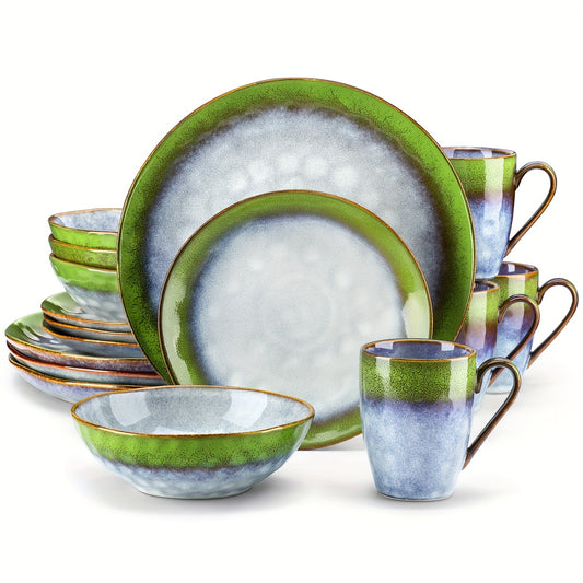 16-Piece Premium Stoneware Dinnerware Set - Unique Kiln-Changed Glaze, Artisanal Style, Complete Tableware for 4 People, Includes Plates & Bowls