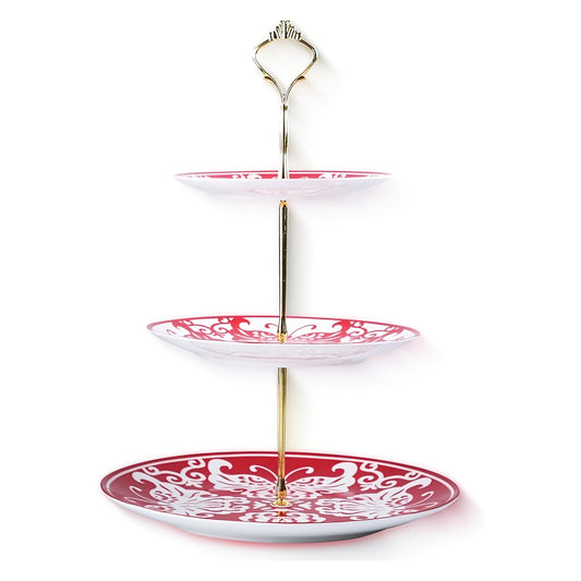 Elegant Ceramic Cake Stand with Red Paper-Cut Design – Perfect for Afternoon Tea and Festive Occasions, Best for Christmas