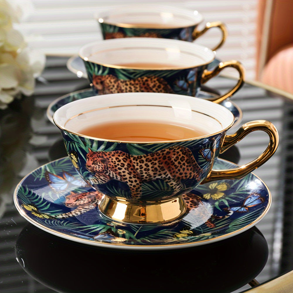 Animal Elegance, Elegant Cheetah Print Coffee Set - Includes 7oz Cup, Saucer & Spoon, Lead-Free, Insulated for Hot Beverages, Perfect for Home or Office