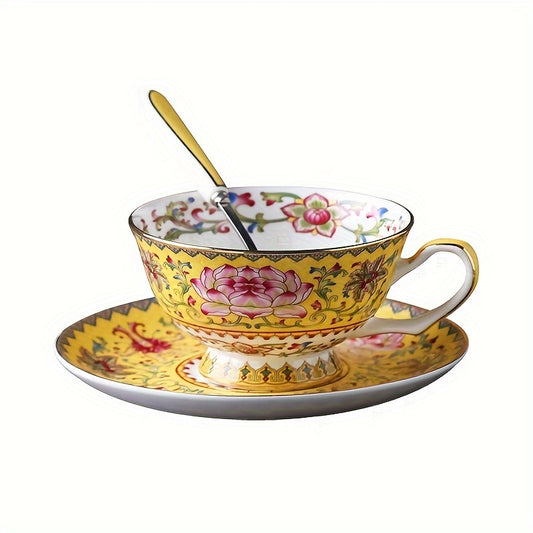 2pcs High Bone Porcelain Coffee Cup and Saucer/Mug and Saucer Set, 1 Cup and 1 Saucer, Capacity 6.76oz, Palace Style Luxury Design, Suitable for Breakfast, Tea Party, Afternoon Tea, Home, Garden, Restaurant and Other Occasions, Summer and Winter Drinks