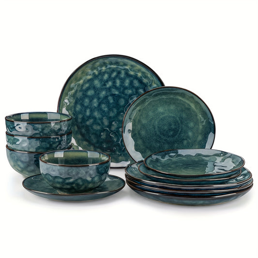 12 Piece Green Stoneware Dinnerware Set, Round Plate Bowl Set for 4, Kiln Change Glaze Service