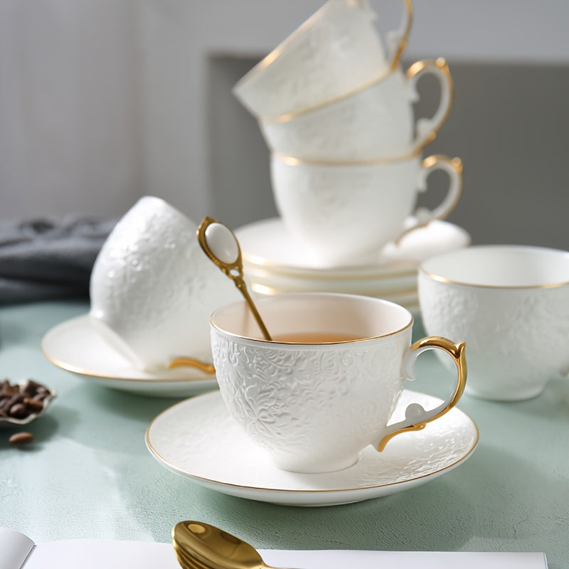 Elegant European-Style Coffee Cup Set with Golden Accents - Includes Saucer & Spoon, 8.79oz - Perfect for Afternoon Tea, Holidays & Gifts