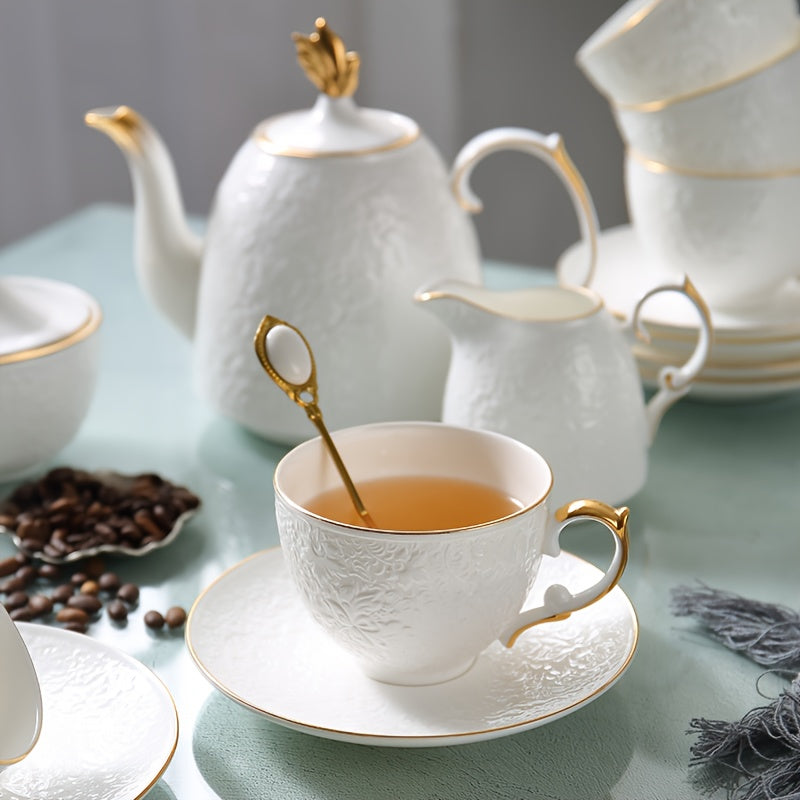 Elegant European-Style Coffee Cup Set with Golden Accents - Includes Saucer & Spoon, 8.79oz - Perfect for Afternoon Tea, Holidays & Gifts