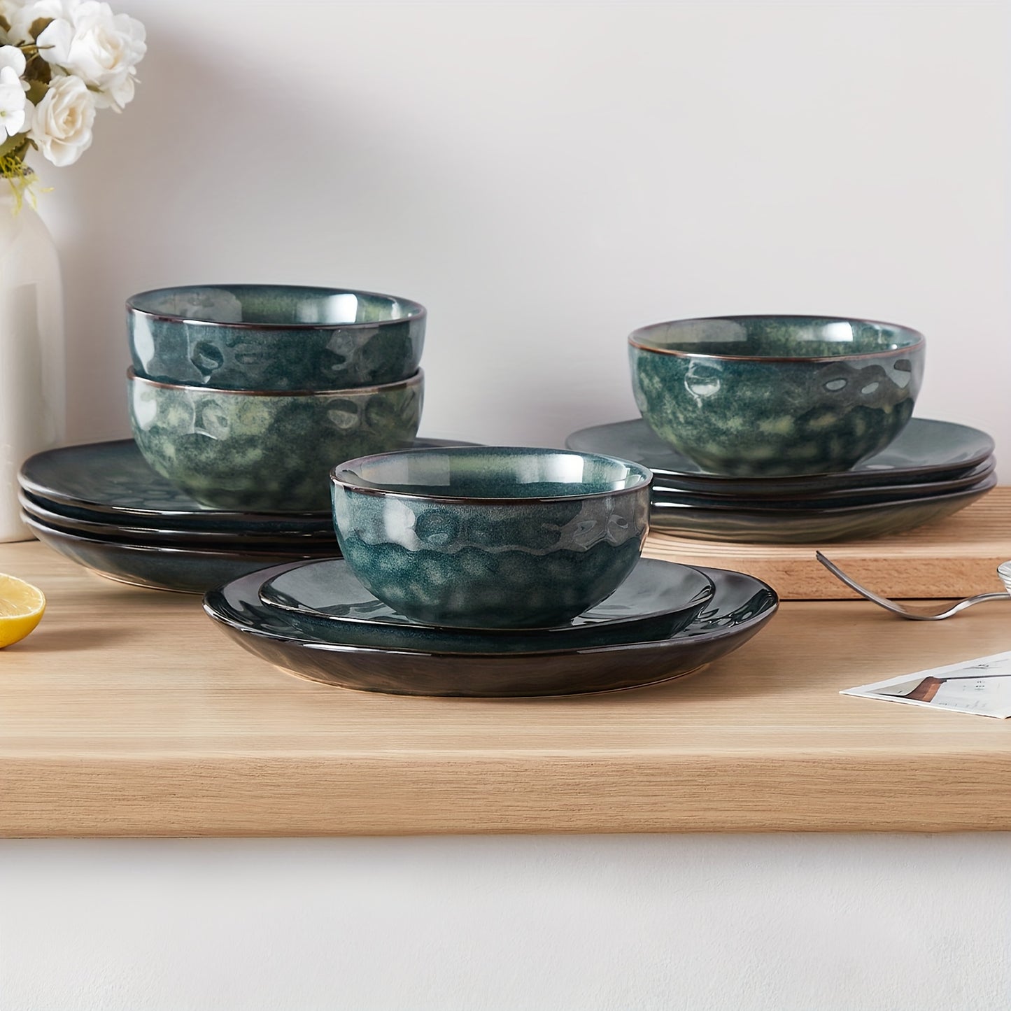 12 Piece Green Stoneware Dinnerware Set, Round Plate Bowl Set for 4, Kiln Change Glaze Service